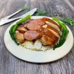 Best BBQ Delicacy on Rice (Soy Sauce Chicken, BBQ Pork & Sausage) 燒臘三拼飯 ( 油雞,叉燒,紅腸 ) in Alhambra, CA